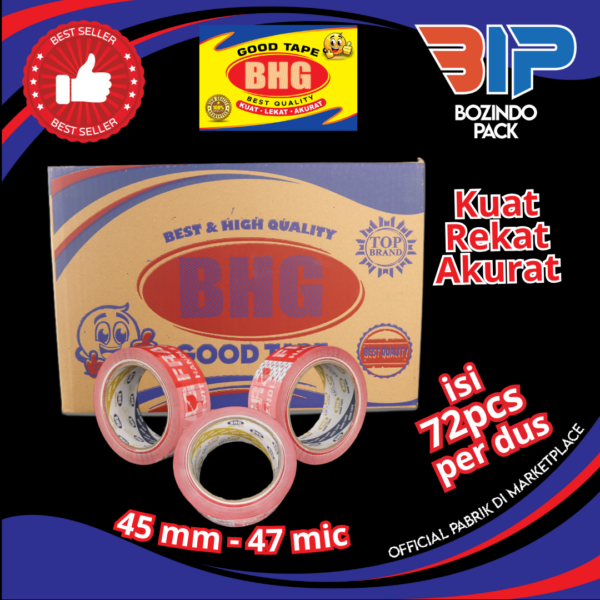 Lakban Fragile Merah BHG Good Tape OPP Tebal 47 Mic Lebar 45 mm 47 micron 1 Dus isi 72 pcs